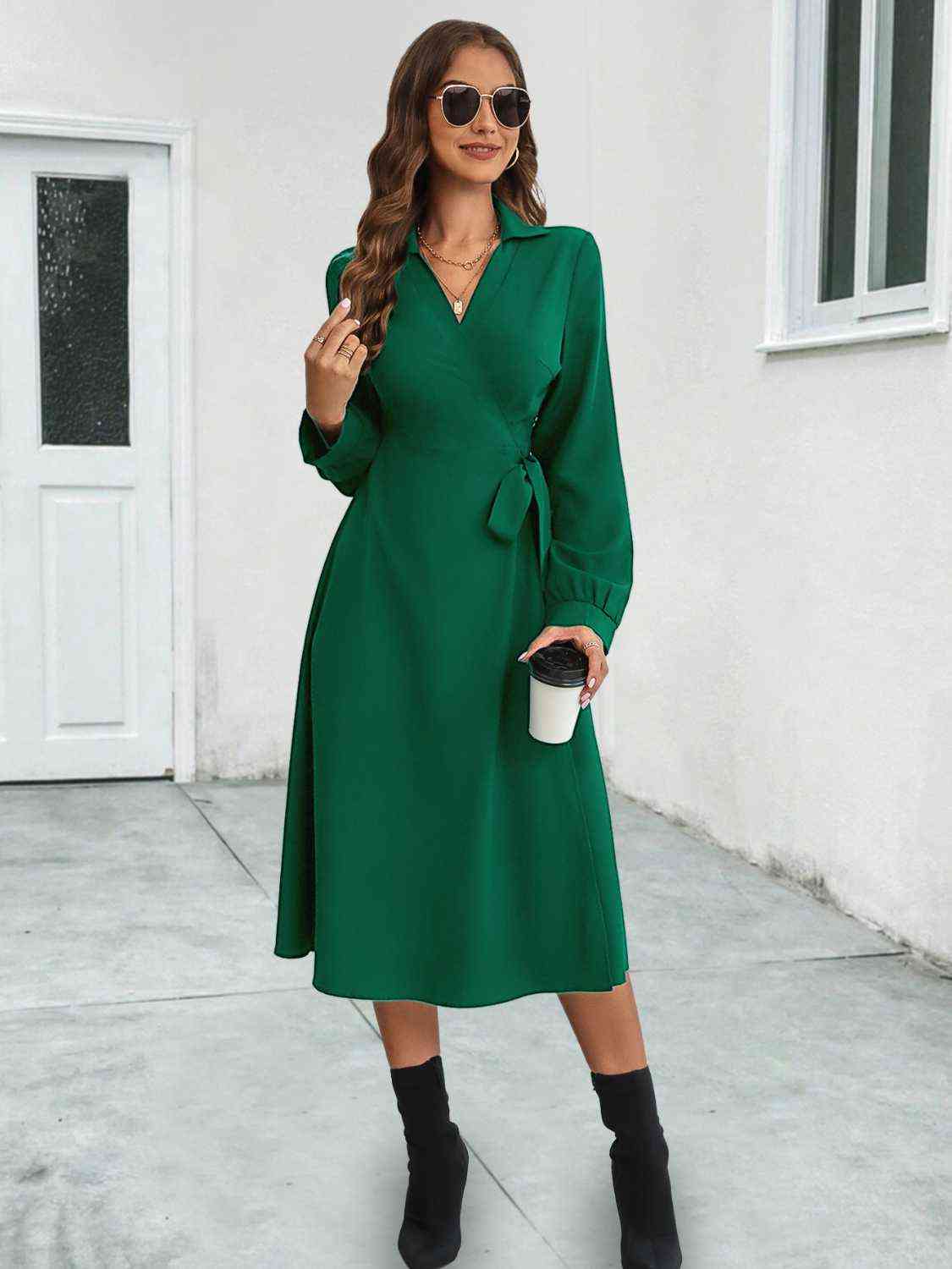 Collared Tied Long Sleeve Dress
