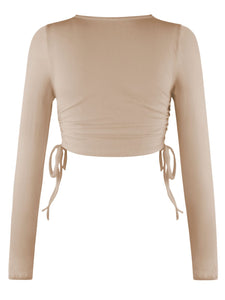 Drawstring Round Neck Long Sleeve Top