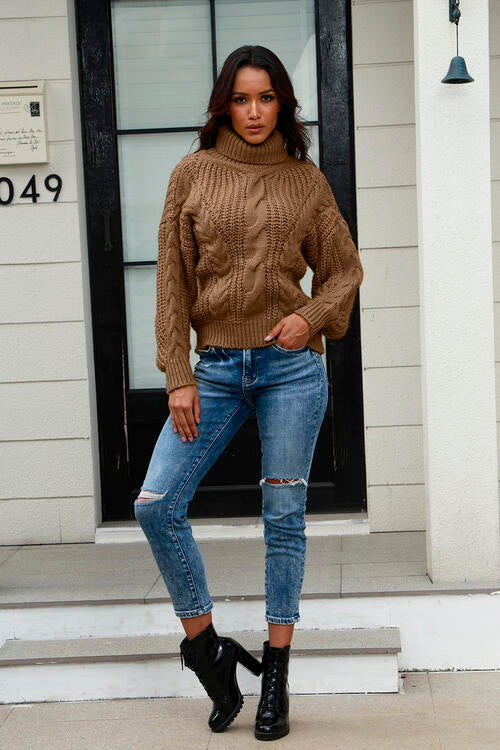 Cable-Knit Turtleneck Long Sleeve Sweate