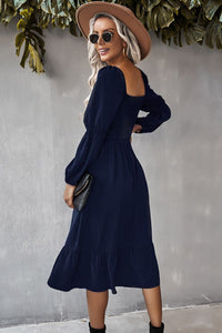 Square Neck Ruffle Hem Long Bubble Sleeve Midi Dress