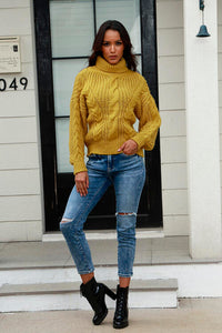 Cable-Knit Turtleneck Long Sleeve Sweate