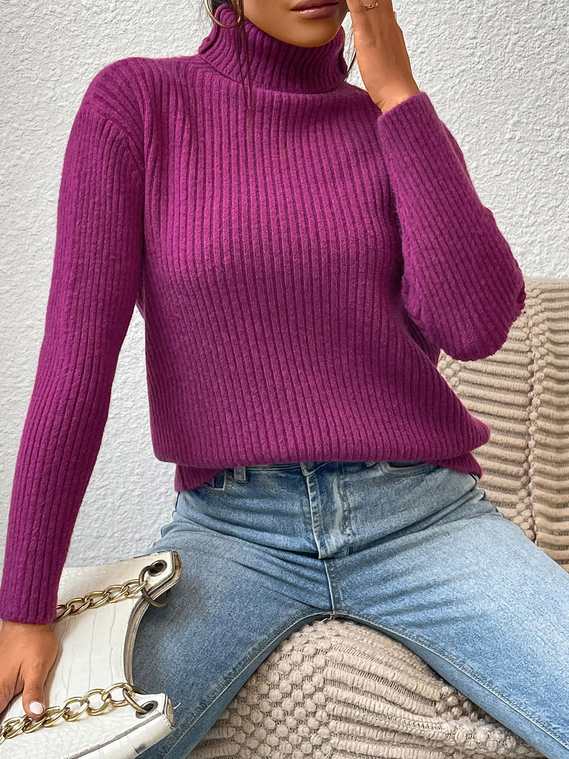 Ribbed Turtle Neck Long Sleeve Sweater