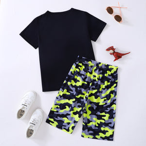 Dinosaur Graphic Tee and Camouflage Shorts Set 