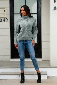 Cable-Knit Turtleneck Long Sleeve Sweate