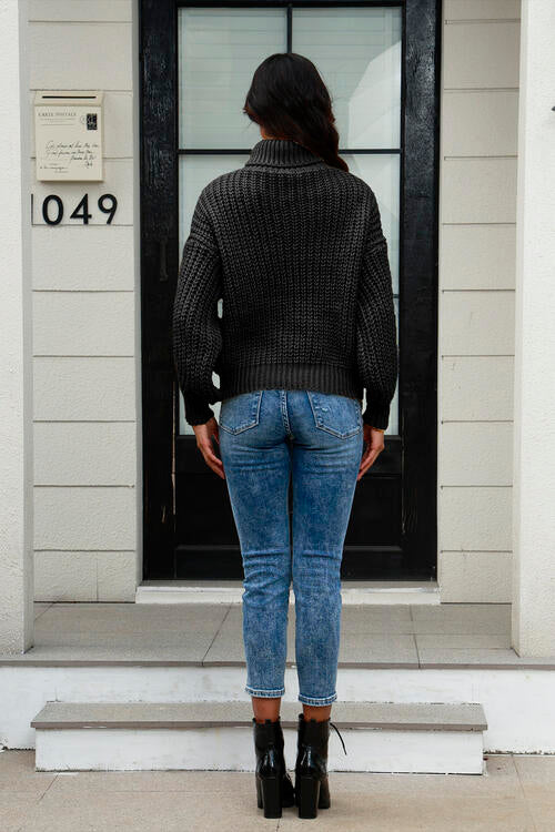 Cable-Knit Turtleneck Long Sleeve Sweate