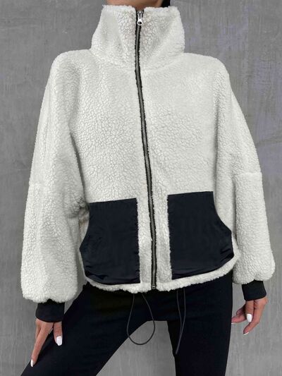 contrast-drawstring-collared-neck-jacket