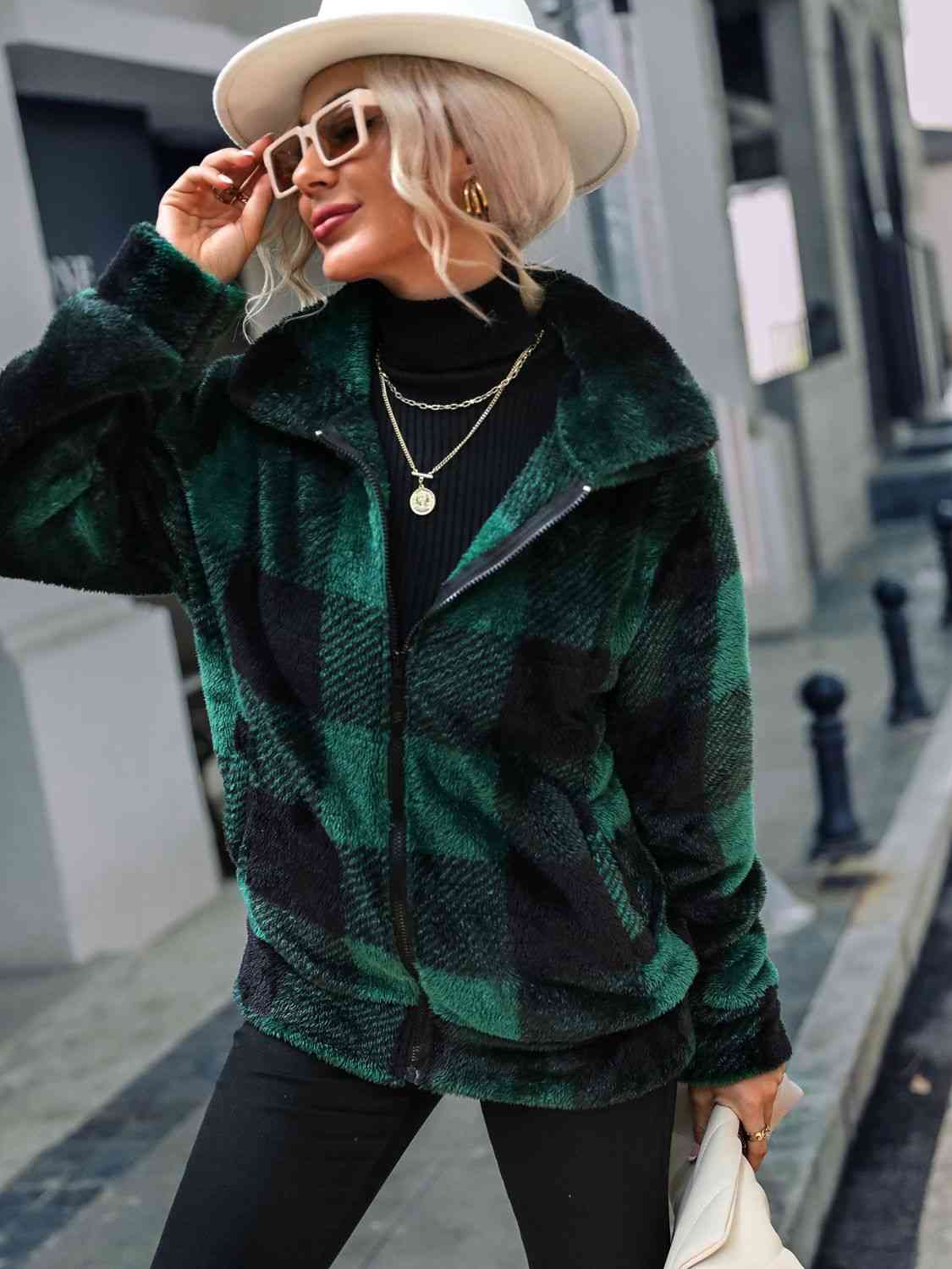 Plaid Zip-Up Collared Jacket 