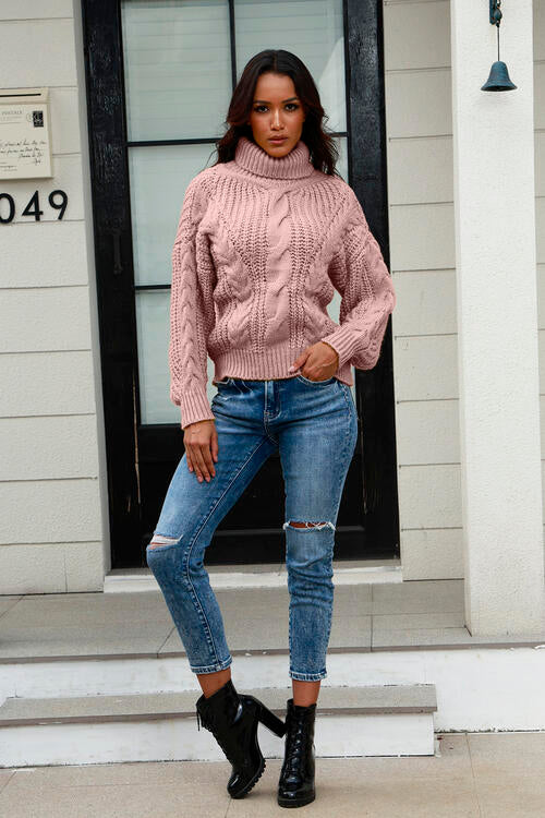 Cable-Knit Turtleneck Long Sleeve Sweate