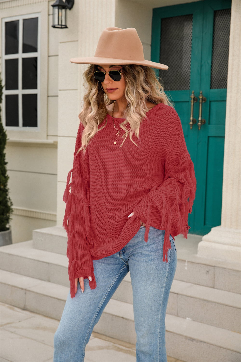 Ribbed Round Neck Fringe Detail Sweater