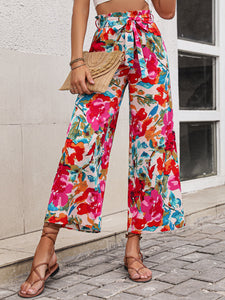 Floral Tie Belt Wide Leg Pants