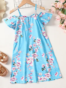 Floral Cold-Shoulder Flutter Sleeve Dress 