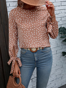 Printed Round Neck Tie Cuff Blouse