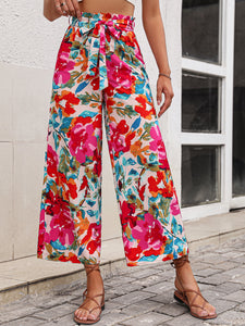 Floral Tie Belt Wide Leg Pants