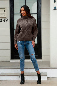 Cable-Knit Turtleneck Long Sleeve Sweate