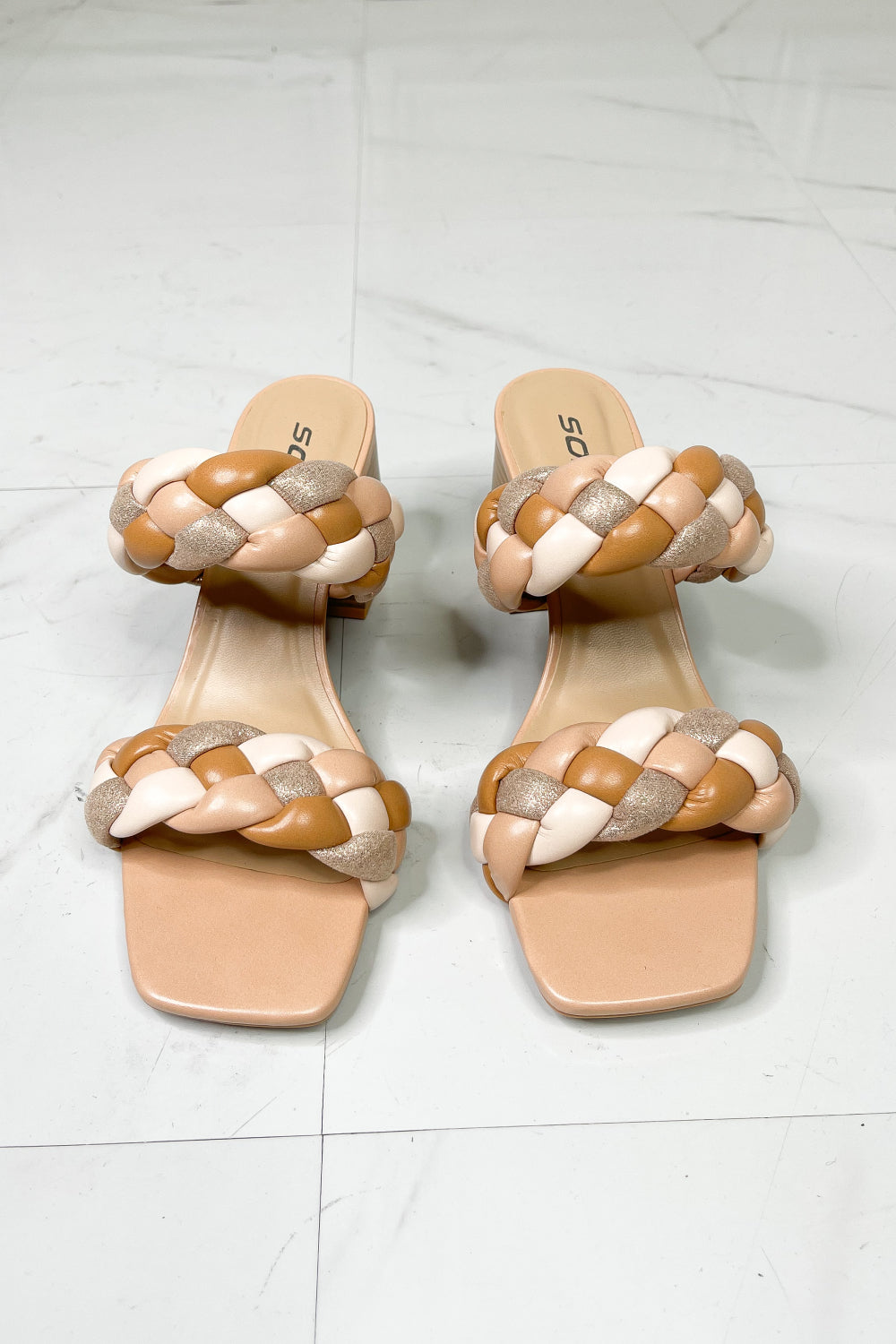 Braided Strap Block Heel Slide Sandal in Nude 