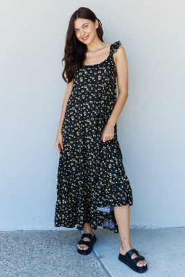 Doublju In The Garden Ruffle Floral Maxi Dress in Black Yellow Floral