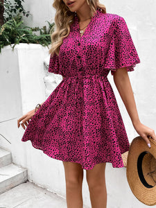 Printed Drawstring Waist Flutter Sleeve Dress