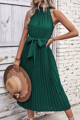 Tie Belt Pleated Midi Dress