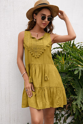 Tassel Tie Lace Trim Sleeveless Dress