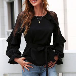 Round Neck Front Tie Flounce Sleeve Lace Cap Blouse