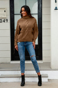 Cable-Knit Turtleneck Long Sleeve Sweate