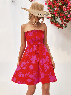 Floral Frill Trim Strapless Smocked Dress