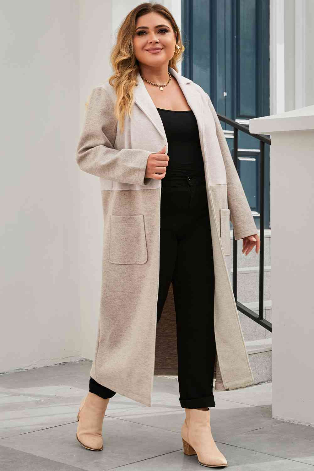 Plus Size Collared Neck Buttoned Longline Coat 