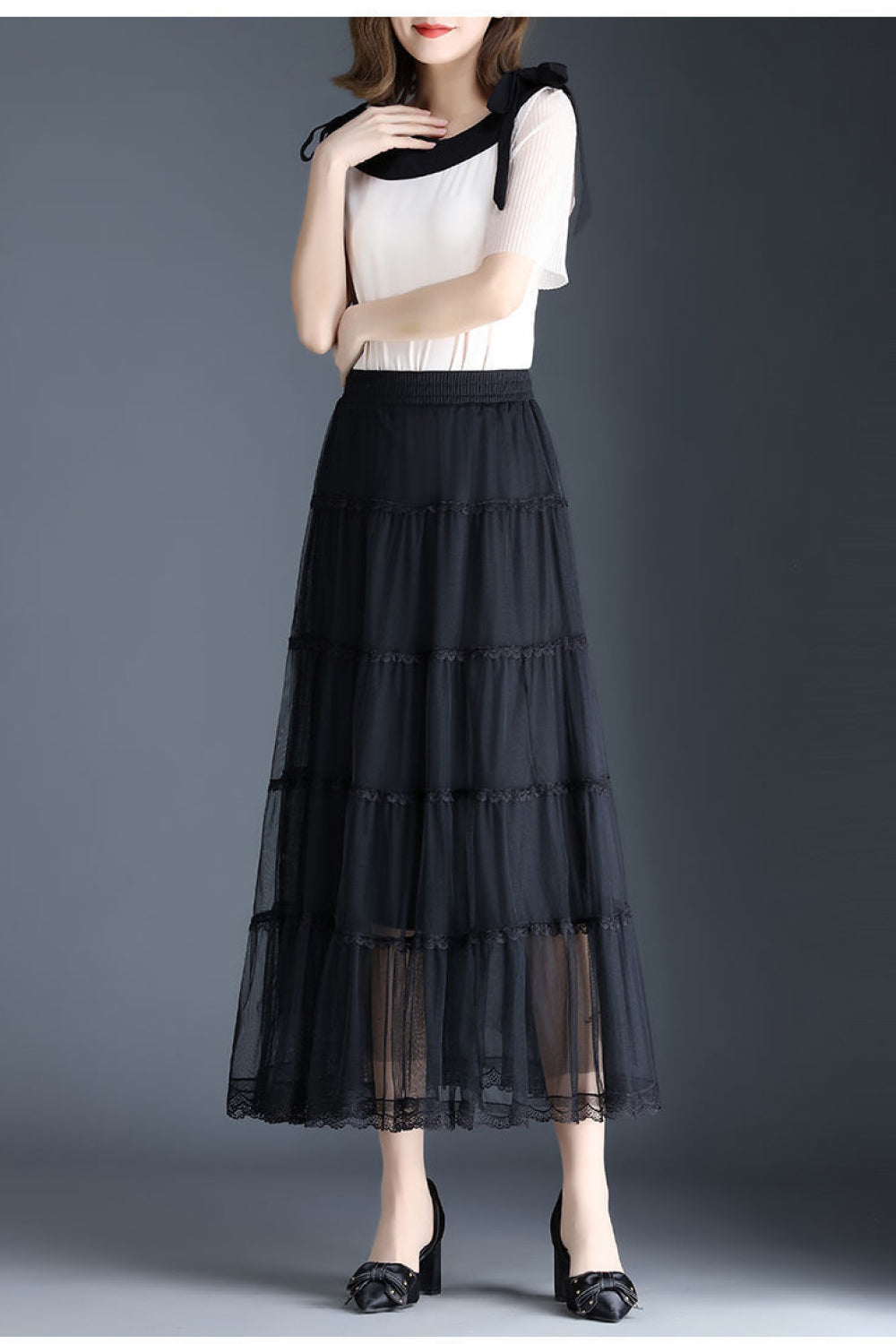 Smocked Lace Trim Midi Skirt