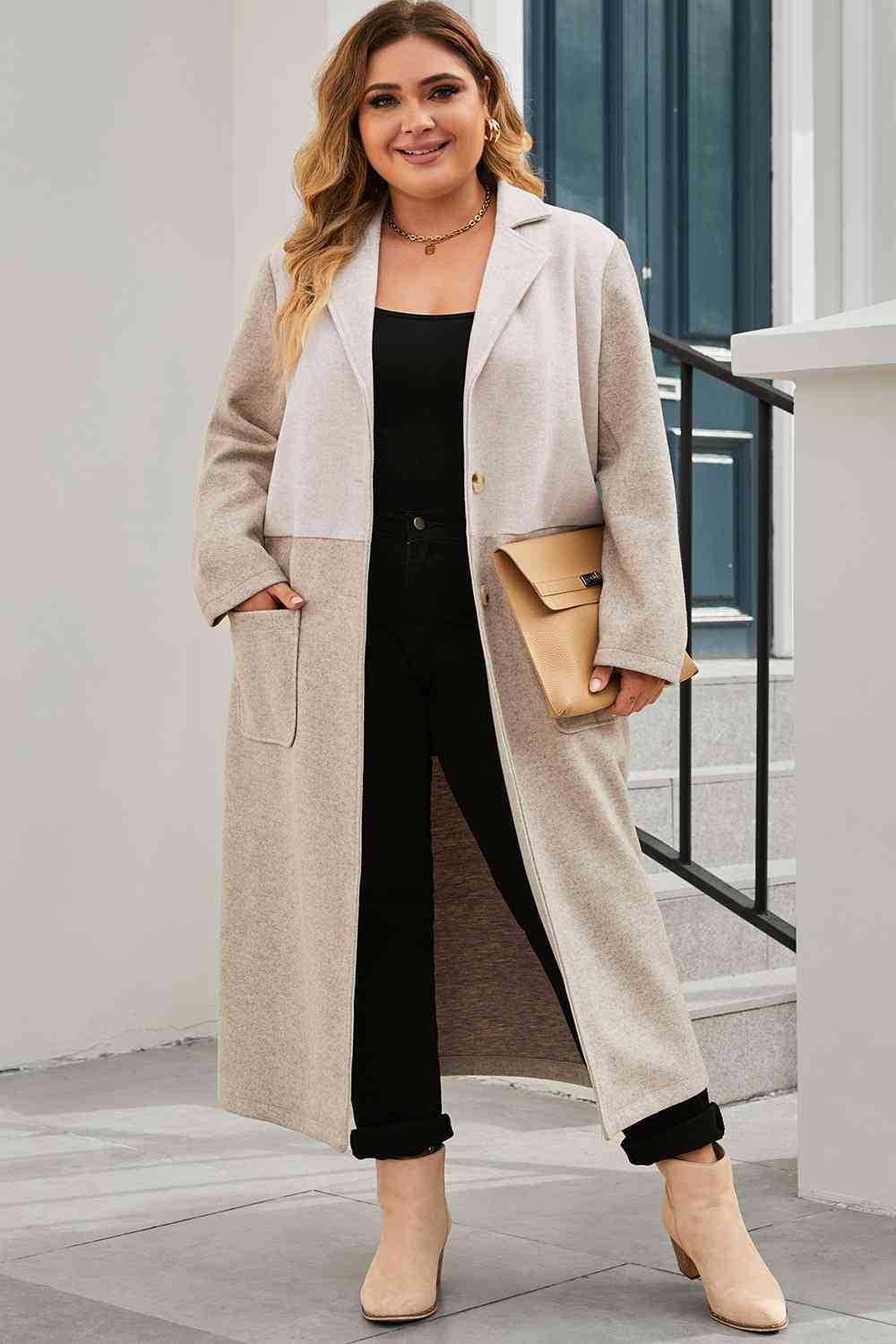 Plus Size Collared Neck Buttoned Longline Coat 