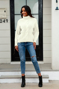 Cable-Knit Turtleneck Long Sleeve Sweate