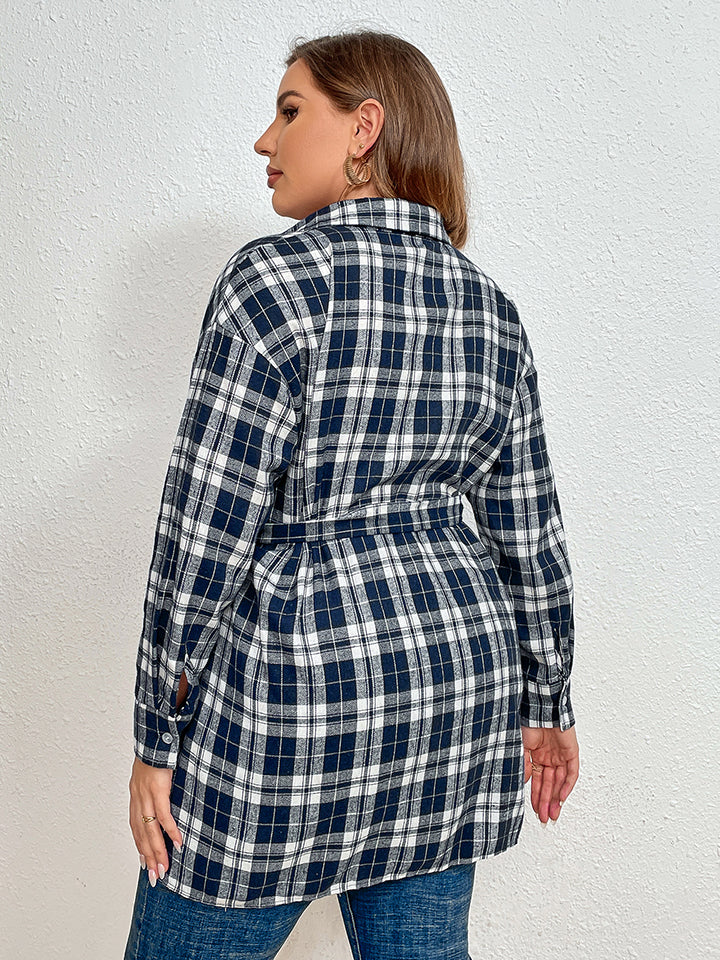 Plus Size Plaid Collared Neck Tie Waist Shirt