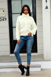 Cable-Knit Turtleneck Long Sleeve Sweate