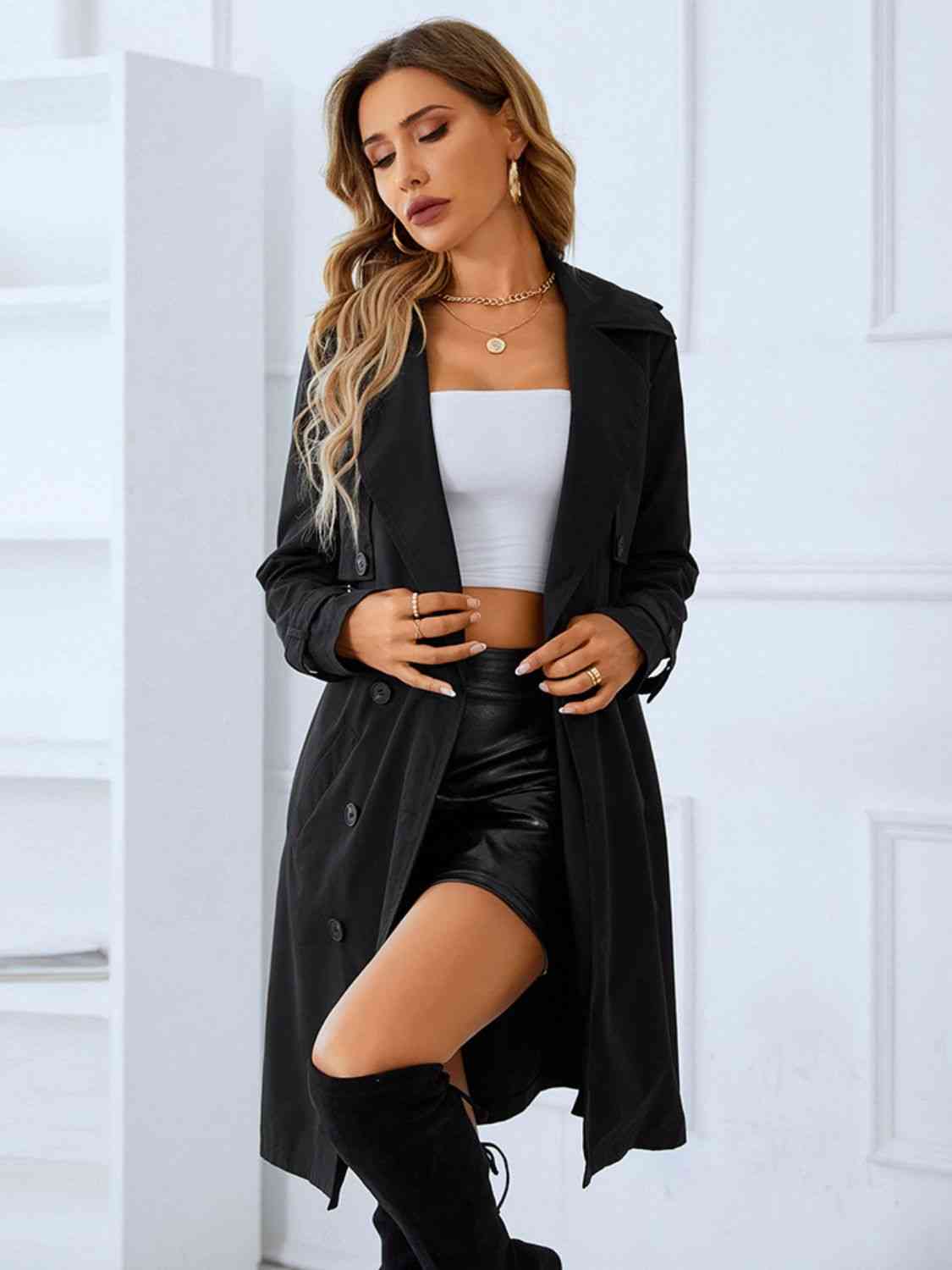 Lapel Collar Tie Belt Double-Breasted Trench Coat 