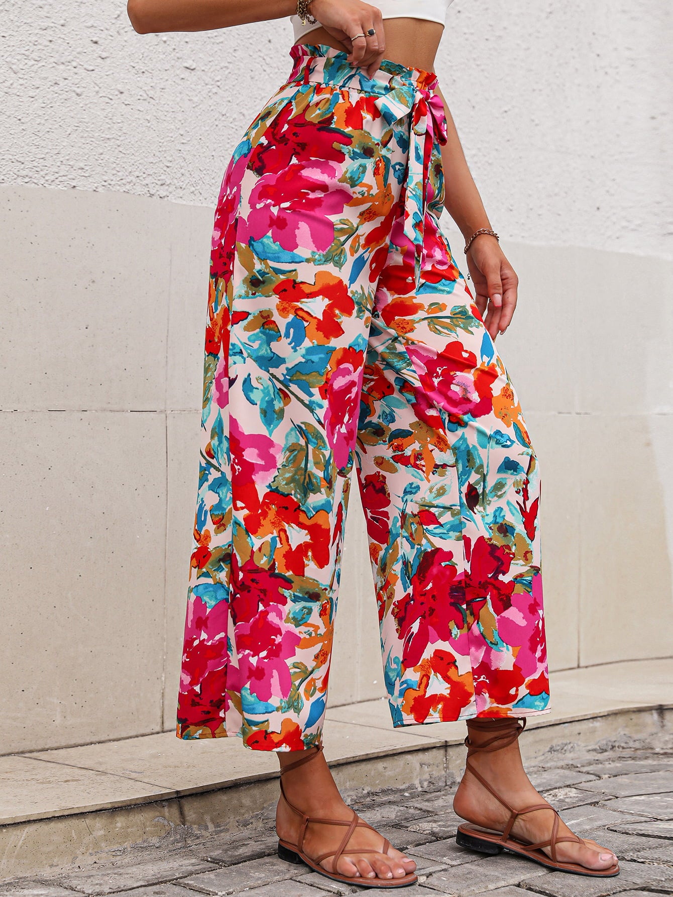 Floral Tie Belt Wide Leg Pants