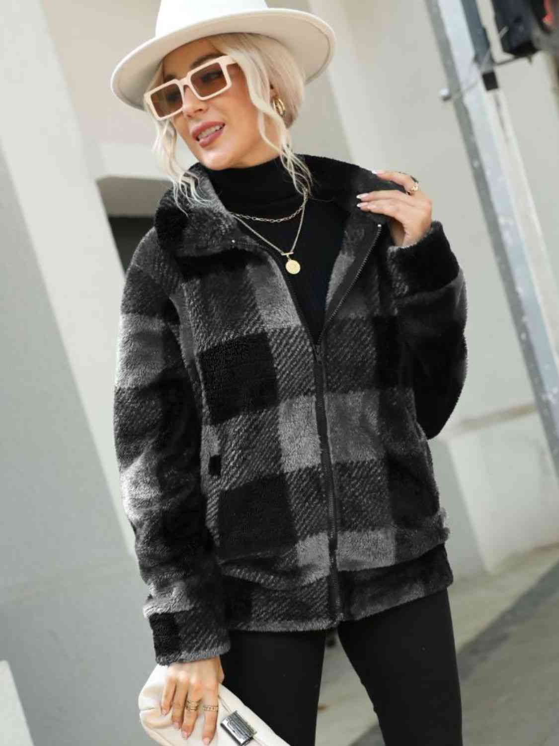 Plaid Zip-Up Collared Jacket 