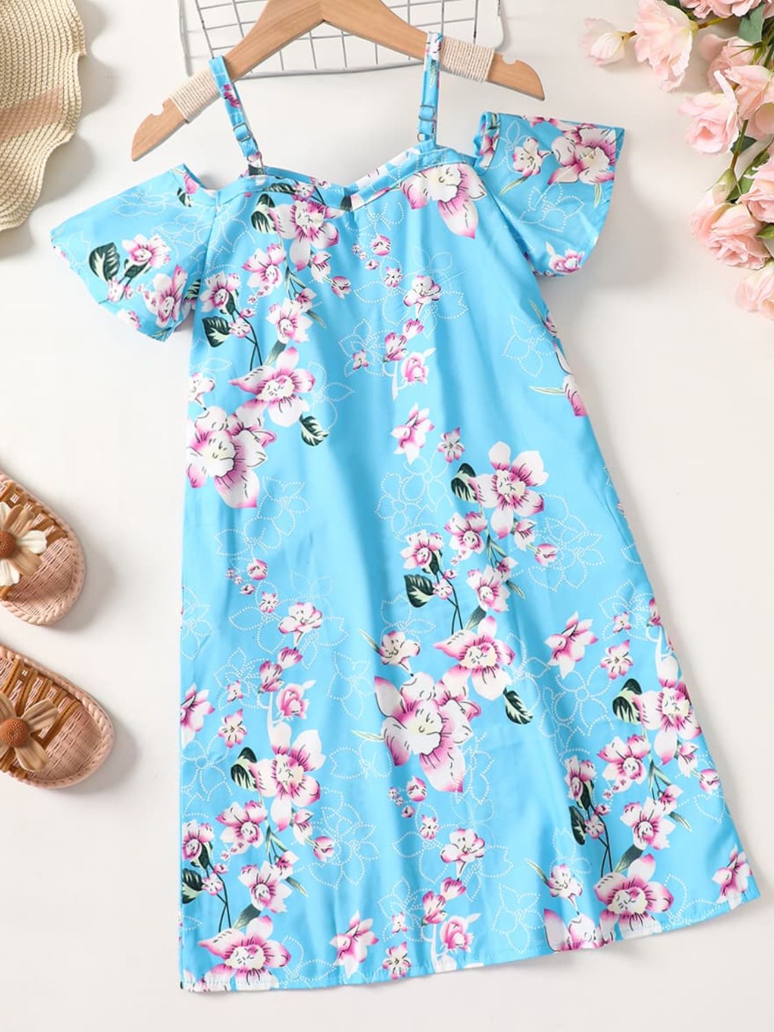 Floral Cold-Shoulder Flutter Sleeve Dress 